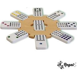 Regal Games Double 15 Colored Dot Dominoes Mexican Train Game Set with Wooden Hub, 136 Domino Tiles, 8 Metal Trains, and Collectors Tin