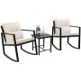 Flamaker 3 Pieces Patio Furniture Set Rocking Wicker Bistro Sets Modern Outdoor Rocking Chair Furniture Sets Clearance Cushioned PE Rattan Chairs Conversation Sets with Coffee Table (Beige)