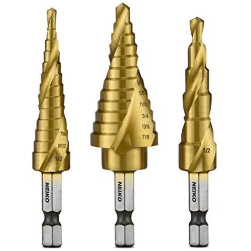 Neiko - 43219-22909 10181A Quick Change HSS Titanium Coated Spiral Grooved Step Drill Bit 3-Piece Set | 31 Step Sizes in One Kit