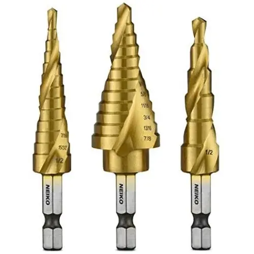 Neiko - 43219-22909 10181A Quick Change HSS Titanium Coated Spiral Grooved Step Drill Bit 3-Piece Set | 31 Step Sizes in One Kit Neiko - 43219-22909 10181A Quick Change HSS Titanium Coated Spiral Grooved Step Drill Bit 3-Piece Set | 31 Step Sizes in One Kit