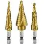 Neiko - 43219-22909 10181A Quick Change HSS Titanium Coated Spiral Grooved Step Drill Bit 3-Piece Set | 31 Step Sizes in One Kit Neiko - 43219-22909 10181A Quick Change HSS Titanium Coated Spiral Grooved Step Drill Bit 3-Piece Set | 31 Step Sizes in One Kit