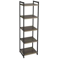 Household Essentials 5 Tier Storage Tower Metal, Grey Shelf – Black Frame, Ashwood