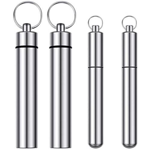 4 Pieces 2 Sizes Metal Portable Toothpick Holder, Stainless Steel Pocket Toothpick Holder Aluminum Waterproof Case Toothpick Container with Keychain for Outdoor Picnic and Camping