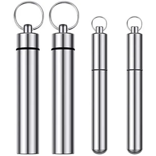 4 Pieces 2 Sizes Metal Portable Toothpick Holder, Stainless Steel Pocket Toothpick Holder Aluminum Waterproof Case Toothpick Container with Keychain for Outdoor Picnic and Camping