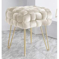 Ornavo Home Mirage Modern Contemporary Square Woven Upholstered Velvet Ottoman with Gold Metal Legs - Cream