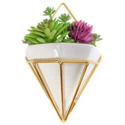 Geometric Hanging Wall Planter with Metal Frame| Drainage with Plug| Wall Decor Planter | 8.6x5.5x3in | Glossy White Ceramic, Gold Metal Frame | for Succulents, Feaux Plants and Much More| 1 Set