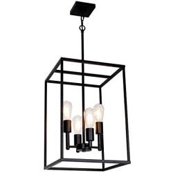 VINLUZ 4 Light Large Industrial Metal Farmhouse Pendant Light Black Square Wide Cage Chandelier with Painted Finish for Dining Room Foyer Living Room Cafe Bar