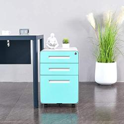 File Cabinet Mobile, Merax 3 Drawer Metal Pedestal Filing Cabinets w/ 2 Lock Keys, 5 Rolling Casters, Fully Assembled Storage for Home Office Modern Vertical Hanging Folders A4 Letter Size,Light Blue