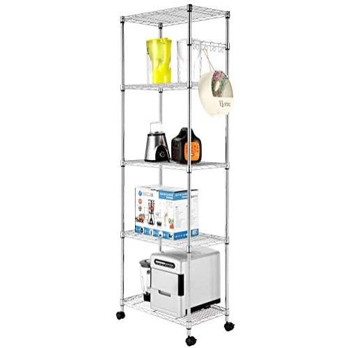 Devo 5-Shelf Adjustable Metal Shelves on Wheels with Hooks Heavy Duty Shelving Units and Storage Organizer for Kitchen Garage Closet Pantry Laundry Bathroom 23'' L x 14'' W x 72'' H (Silver)