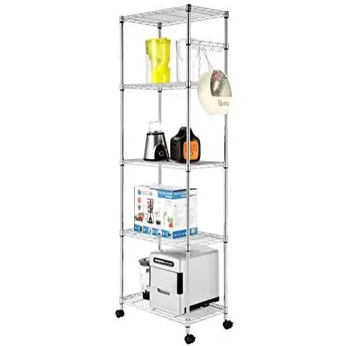 Devo 5-Shelf Adjustable Metal Shelves on Wheels with Hooks Heavy Duty Shelving Units and Storage Organizer for Kitchen Garage Closet Pantry Laundry Bathroom 23'' L x 14'' W x 72'' H (Silver)