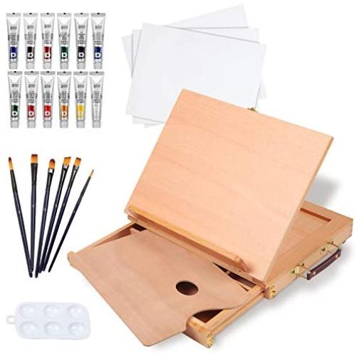 Falling in Art Beechwood Tabletop Easel Set with 12 Tubes Acrylic Paints, Canvas Panels, Brushes, Palette – 24 Pieces Acrylic Artist Painting Tools Kit for Adults, Beginners, Kids