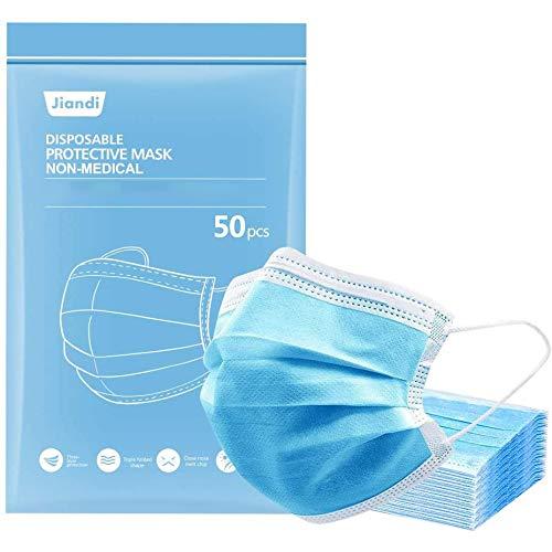 Jiandi 50PCS Face Masks Disposable, 3-Ply Adults Protective Safety Face Mask with Metal Nose Clip Breathable Non-Woven Mouth Face Cover for Men Women