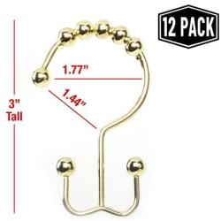 2lbDepot Double Shower Curtain Hooks Rings (Gold Decorative Finish) Premium Rust Resistant Stainless Steel Metal Hook, Brass Roller Balls Glide on Shower Rods, Set of 12