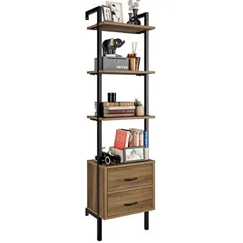 HOMECHO Ladder Bookshelf, 4-Tier Ladder Bookcase with 2 Fabric Drawers, Tall Display Shelves Storage Cabinet for Home Office, Wood and Metal Frame, Brown