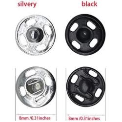 Snap Buttons 100sets Sew-on Snap Buttons Metal Snap Fastener Buttons for Clothing Black and Silvery 0.32IN