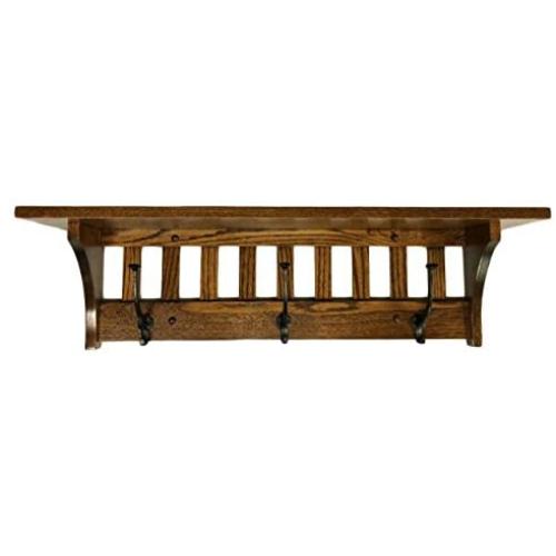 Mission Style Wall Mounted Coat Rack with Shelf – Wooden Hat Rack – Entryway Organizer with Hooks – Rustic Farmhouse Mounted Wall Rack (3 Hooks, 32.5''L, Oak Wood, Michaels Stain)