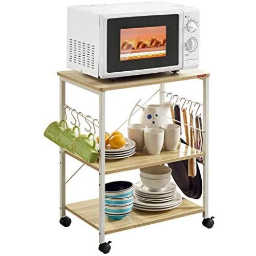 Mr IRONSTONE 3-Tier Kitchen Bakers Rack Utility Microwave Oven Stand Storage Cart Workstation Shelf(Light Beige Top+White Metal Frame)