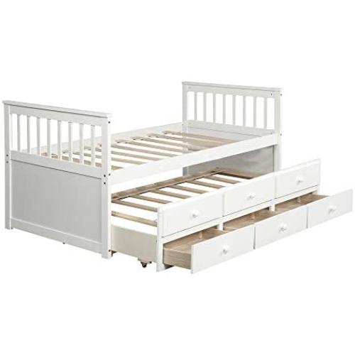 Merax Captain’s Platform Storage Bed with Trundle Bed and Drawers, Twin (White)