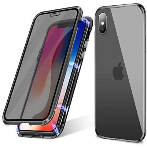 iPhone Xs MAX Case,Misscase Ultra Slim Magnet Protective Case with Metal Frame Front and Privacy Screen Protector [Magnetic Adsorption] [Anti Spy Screen Protector](Black Frame Clear Back)