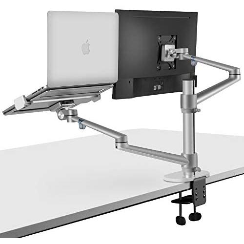 viozon Monitor and Laptop Mount, 2-in-1 Adjustable Dual Arm Desk Mounts Single Desk Arm Stand/Holder for 17 to 32 Inch LCD Computer Screens, Extra Tray Fits 12 to 17 inch Laptops (Silver)