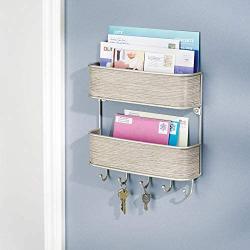 mDesign Wall Mount Metal Mail Organizer Storage Basket - 2 Tiers, 5 Hooks - for Entryway, Mudroom, Hallway, Kitchen, Office - Holds Letters, Magazines, Coats, Keys - Satin/Gray Wood Finish