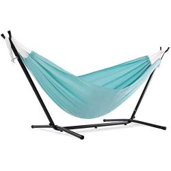 Vivere C9POLY-13 Double Polyester Hammock with Space Saving Steel Stand, Aqua (450 lb Capacity - Premium Carry Bag Included)