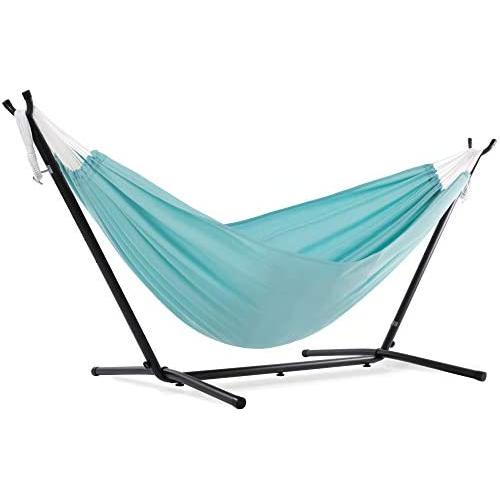 Vivere C9POLY-13 Double Polyester Hammock with Space Saving Steel Stand, Aqua (450 lb Capacity - Premium Carry Bag Included)