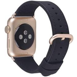 JSGJMY Compatible with Apple Watch Band 38mm 40mm 42mm 44mm Women Men Genuine Leather Replacement Strap for iWatch Series SE 6 5 4 3 2 1 (Black with Champagne Gold Clasp, 38mm/40mm S/M)