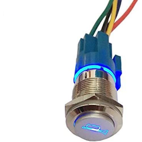 ESUPPORT 12V Car Auto Blue LED Light Momentary Speaker Horn Push Button Metal Toggle Switch 19mm Socket Plug