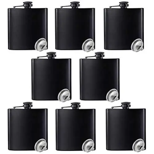 Hip Flask for Liquor Matte Black Stainless Steel Leakproof with Funnel,6 Oz, Set of 8