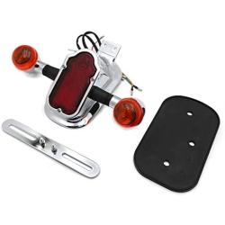 HTTMT- Motorcycle Chrome Amber Metal Tombstone Brake Tail W/Light Signal Compatiable With Big Twin Motorcycle Bike [P/N: XH3118B-A-01-CD+AMBER]