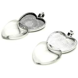 Bastex Heart Shaped Pendants for Jewelry Making. 80 Pieces of DIY Pendant Tray Necklace Charms, Includes Metal Bezels and Cabochons - 1 inch, Silver and Black