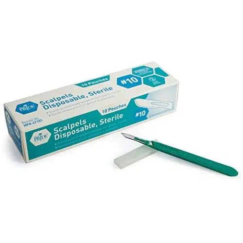 Medpride Disposable Scalpel Blades| #10 Sharp, Tempered Stainless-Steel Blades | Pack of 10 Sterile Scalpel Knives| Plastic Handle| Individual Pouches| for Dermaplaining, Podiatry, Crafts & More