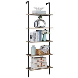 SUPERJARE Industrial Ladder Shelf, 5-Tier Wood Wall-Mounted Bookcase with Stable Metal Frame, 72 Inches Storage Rack Shelves Display Plant Flower, Stand Bookshelf for Home Office - Vintage Brown