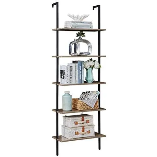 SUPERJARE Industrial Ladder Shelf, 5-Tier Wood Wall-Mounted Bookcase with Stable Metal Frame, 72 Inches Storage Rack Shelves Display Plant Flower, Stand Bookshelf for Home Office - Vintage Brown SUPERJARE Industrial Ladder Shelf, 5-Tier Wood Wall-Mounted Bookcase with Stable Metal Frame, 72 Inches Storage Rack Shelves Display Plant Flower, Stand Bookshelf for Home Office - Vintage Brown