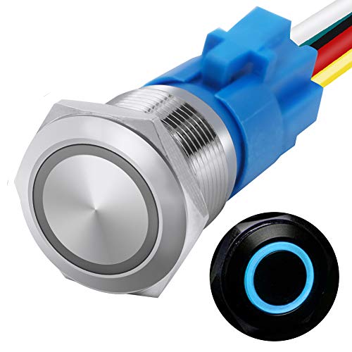 mxuteuk 19mm Momentary Push Button Switch 1 NO 1 NC SPDT ON/Off Silver Stainless Steel Shell with 12v Blue LED Ring with Wire Socket Plug Suitable for 3/4'' Mounting Hole M-19-O-T-BU