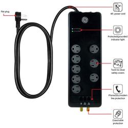 GE Pro Surge Protector, 8 Outlet Power Strip, 4ft Extension Cord, 3 Phone/Dsl/Modem Line Ports, 2 Cable/Coax Ports, 3 Extra Wide Adapter Spaced Outlets, Flat Plug, 2100 Joules, Black, 14095