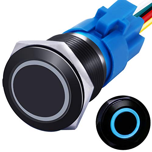 mxuteuk 19mm Momentary Push Button Switch 1 NO 1 NC SPDT ON/Off Black Metal Shell with 12v Blue LED Ring with Wire Socket Plug Suitable for 3/4'' Mounting Hole M-19-O-B-BU