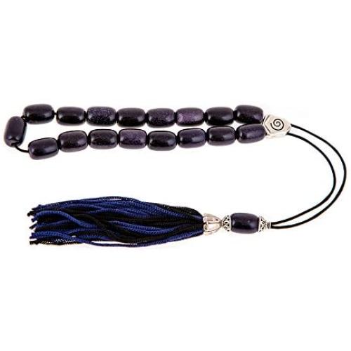Blue Peridot or Chrysolite Gemstone (Long Beads), Handmade Greek Worry Beads or Komboloi with Alpaca Metal Parts on Pure Silk Cord & Tassel, Length 33cm (13)