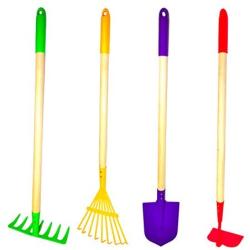 G & F Products JustForKids Kids Garden Tool Set Toy, Rake, Spade, Hoe and Leaf Rake, reduced size , made of sturdy steel heads and real wood handle, 4-Piece, Multicolored, 7 year old +, Model Number: 10018