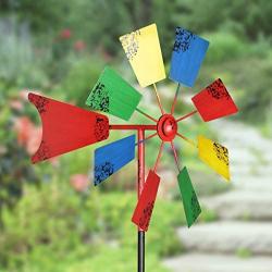 Exhart Vintage Windmill Spinner Garden Stake - Pinwheel Outdoor Decor w/Multicolor Metal Spinners - Garden Windmill with Metal Blades in Red, Light Blue, Yellow and Green Color, 12'' L x 12'' W x 54H