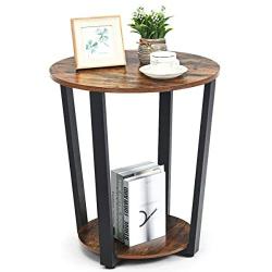 Tangkula Round End Table, 2-Tier Metal Sofa Table with Storage Shelf, Round Side Table with Metal Frame, Industrial Style Accent Furniture for Home Living Room Bedroom (1, Rustic Brown)