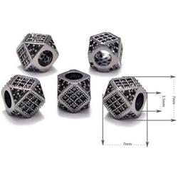 Zircon Pave Rhinestones Big Hole (5 Pcs Black on Gunmetal Diamond Cut Cube Beads (7x7mm)