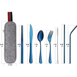 Devico Portable Utensils, Travel Camping Cutlery Set, 8-Piece including Knife Fork Spoon Chopsticks Cleaning Brush Straws Portable Case, Stainless Steel Flatware set (8-piece Blue)