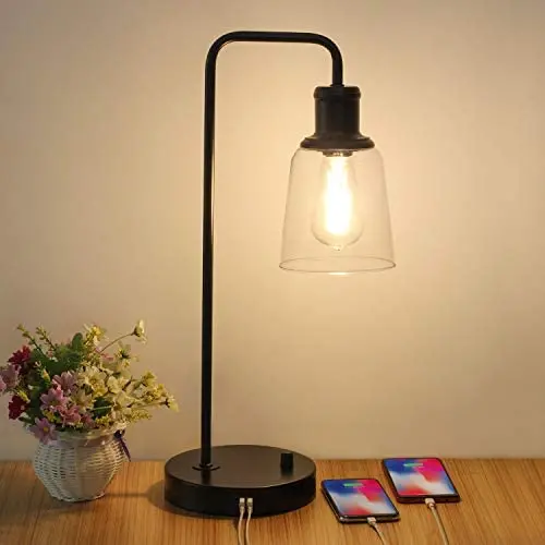 Industrial Table Lamp, Vintage Nightstand Lamp with Dual USB Ports Antique Office Lamp Glass Shade Metal Desk Reading Lamp for Bedroom, Living Room, Dorm, 6W 2700K Dimmable LED Edison Bulb Included