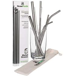 StrawPanda Metal Straws Variety Pack of Six Straws Boba, Long and Regular Sized Reusable Drinking Straws with cleaning brushes and StrawPanda carrying case