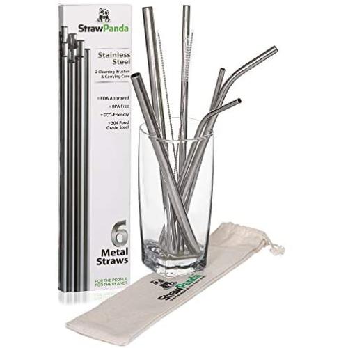 StrawPanda Metal Straws Variety Pack of Six Straws Boba, Long and Regular Sized Reusable Drinking Straws with cleaning brushes and StrawPanda carrying case
