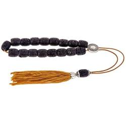 Black Lava Stone (Long Beads), Handmade Greek Worry Beads or Komboloi with Alpaca Metal Parts on Pure Silk Cord & Tassel, Length 35cm (13.8)