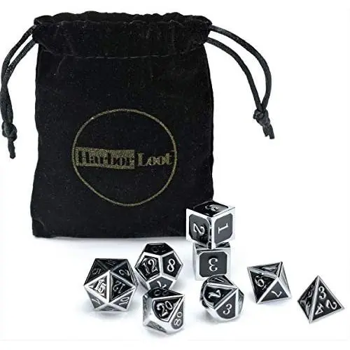 Harbor Loot Full Metal Dice Set Plus Extra D6 Total Eight Dice Metal Polyhedral Dice Set Black and Silver Dice