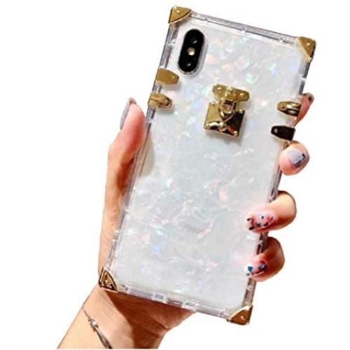 BABEMALL Compatible for iPhone X/XS 5.8'' Case Luxury Square Sparkle Glitter Light Silver Shell Transparent TPU Phone Metal Corner Case (Shell Clear, for iPhone X XS inch)